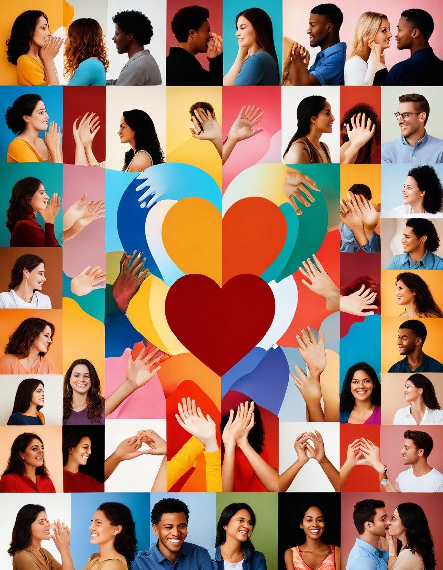 A heart-shaped collage illustrating various emotional expressions in relationships, featuring diverse couples in warm, vibrant colors. Include symbolic elements like intertwined hands, gentle touches, and soft backgrounds that evoke feelings of love and understanding. The overall tone should reflect empathy and connectivity. surrealism. vibrant colors. soft focus.