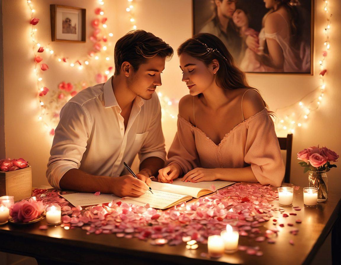 A warm, candle-lit room with a soft focus on a couple sharing an intimate moment, exchanging heartfelt letters. Surround them with scattered rose petals and twinkling fairy lights. Highlight their tender gaze and the emotions reflected in their expressions, creating a romantic atmosphere. Soft pastel tones enhance the warmth of the scene. super-realistic. vibrant colors. cozy ambiance.