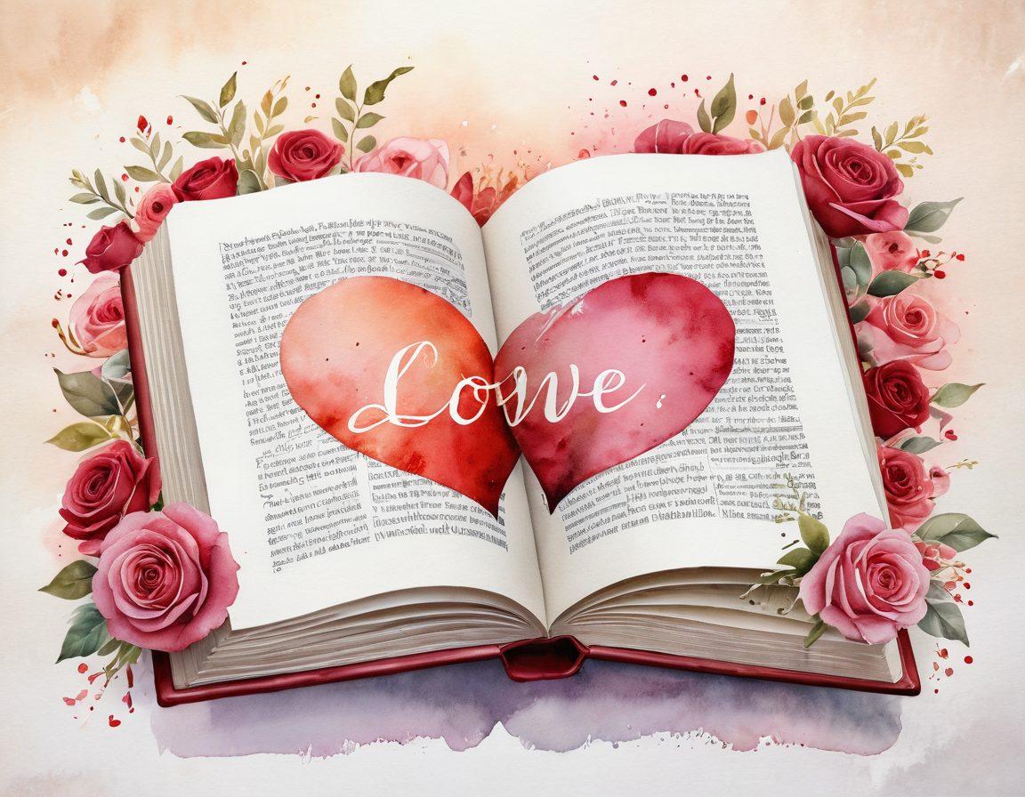 A beautifully designed open book with delicate pages fluttering, surrounded by romantic symbols like hearts, roses, and handwritten love letters. The scene is illuminated by soft, warm light, creating an intimate atmosphere that evokes feelings of affection. Include script-style typography that blends into the background, featuring words like 'love', 'cherish', and 'affection'. The color palette should be rich in reds and pinks with hints of gold, symbolizing romance. watercolor painting. warm tones.